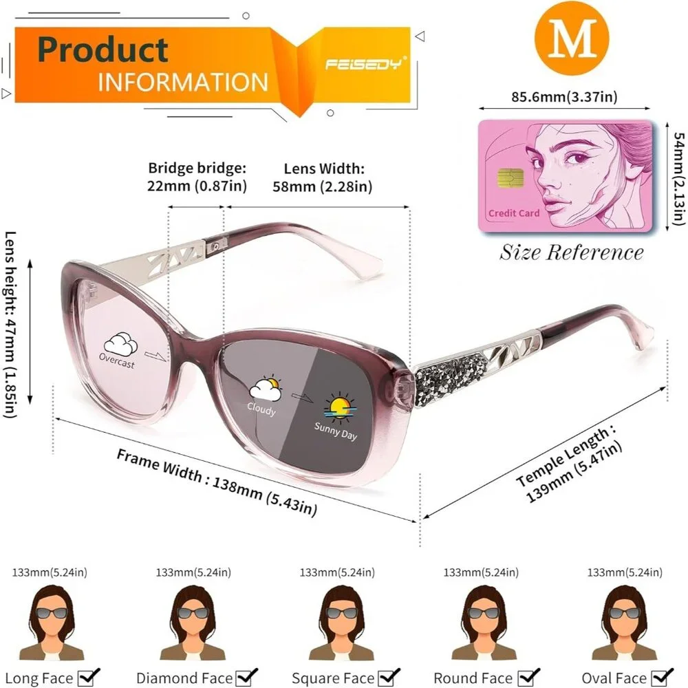Women's Purple Retro Shades Photochromic Lens Sparkling Crystal Sunglasses